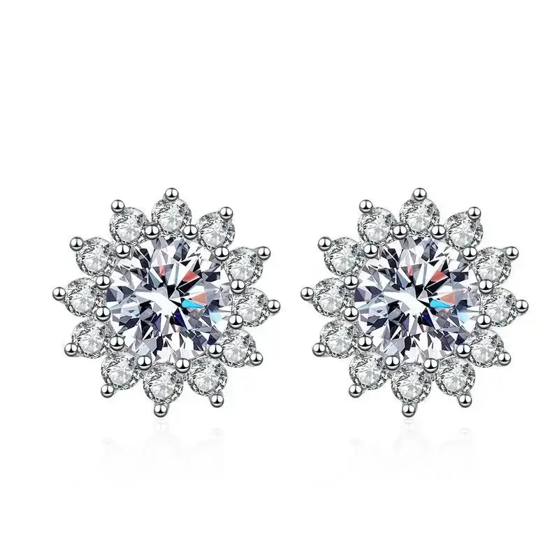 1CT Moissanite Sunflower Stud Earrings 925 Sterling Silver – D Color VVS1 