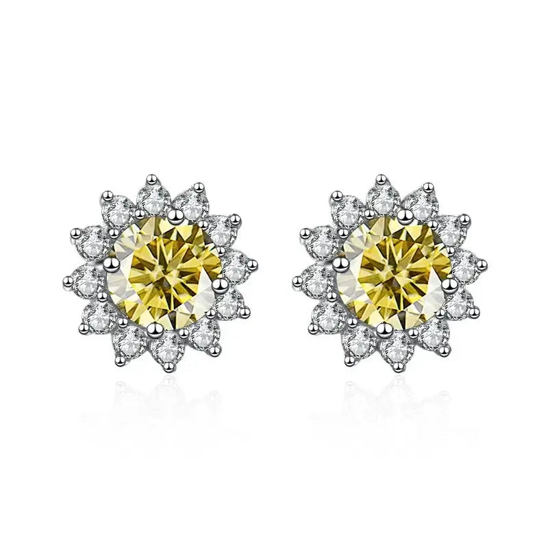 1CT Moissanite Sunflower Stud Earrings 925 Sterling Silver – D Color VVS1 