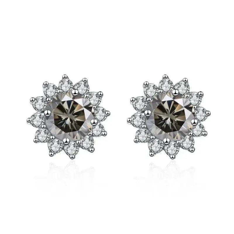 1CT Moissanite Sunflower Stud Earrings 925 Sterling Silver – D Color VVS1 