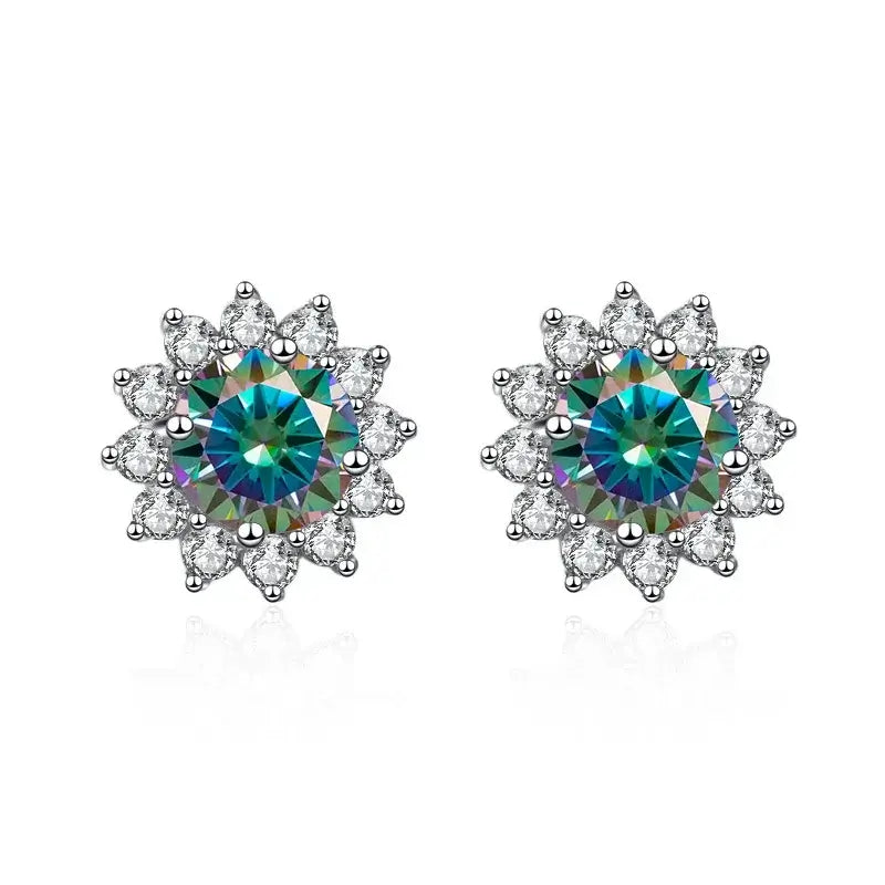 1CT Moissanite Sunflower Stud Earrings 925 Sterling Silver – D Color VVS1 