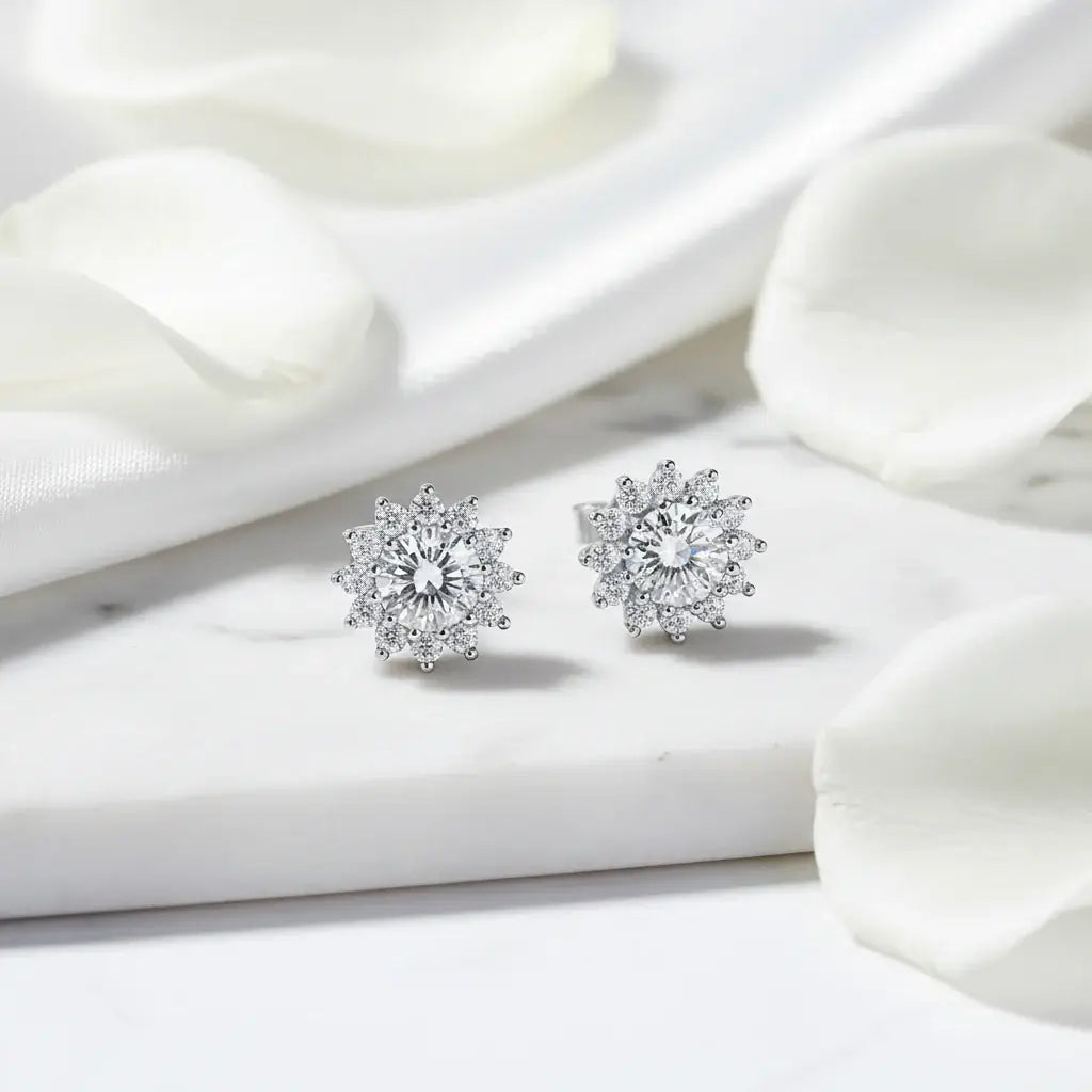 1CT Moissanite Sunflower Stud Earrings 925 Sterling Silver – D Color VVS1 