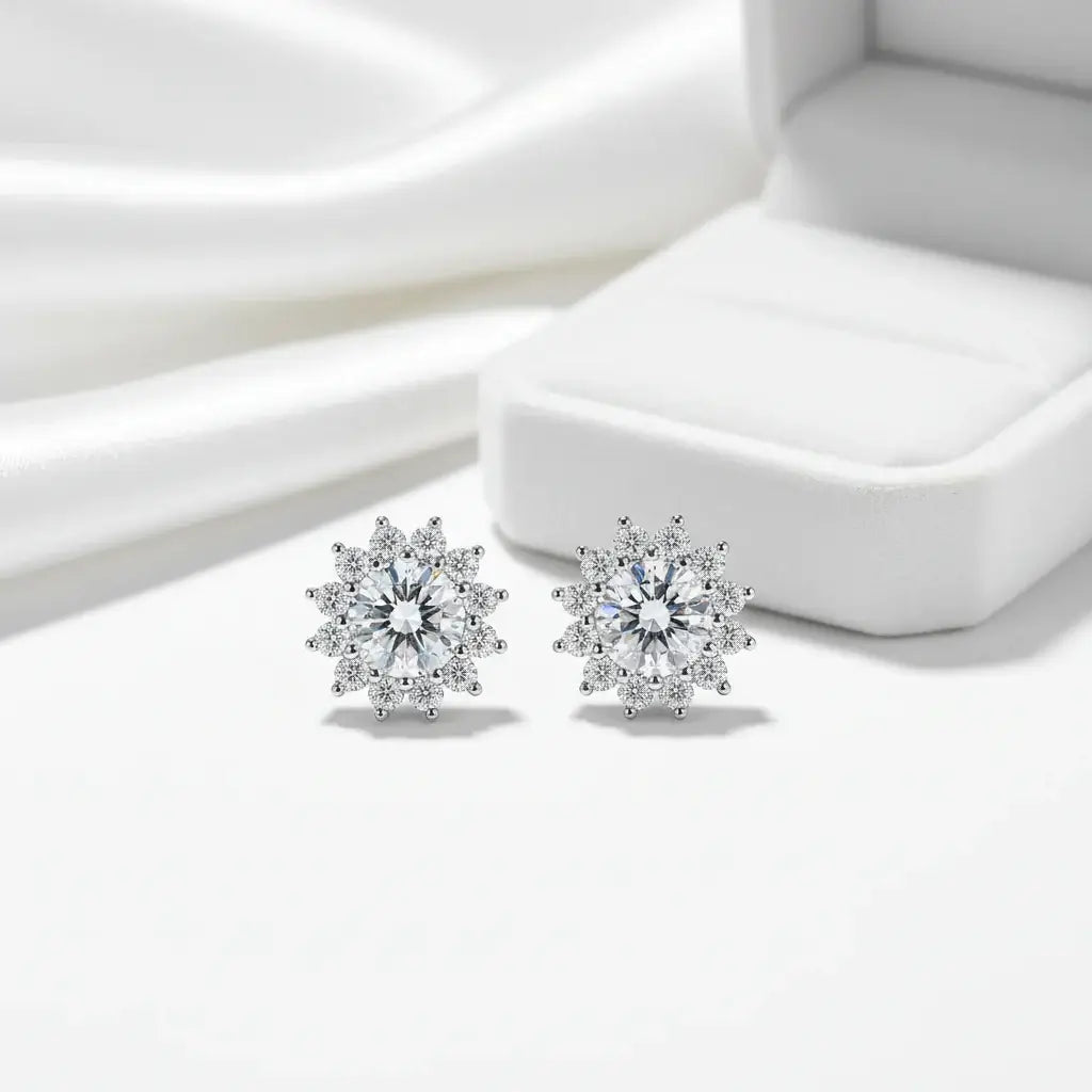 1CT Moissanite Sunflower Stud Earrings 925 Sterling Silver – D Color VVS1 