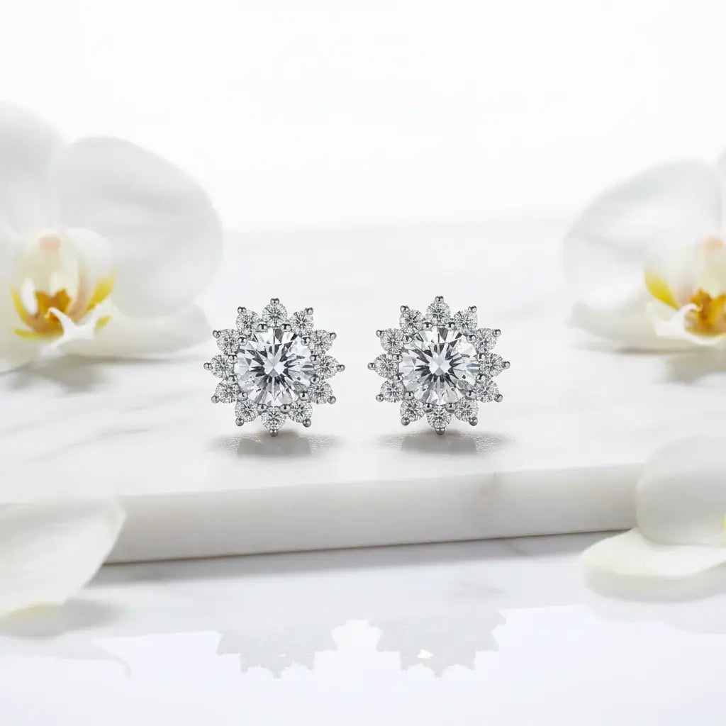 1CT Moissanite Sunflower Stud Earrings 925 Sterling Silver – D Color VVS1 