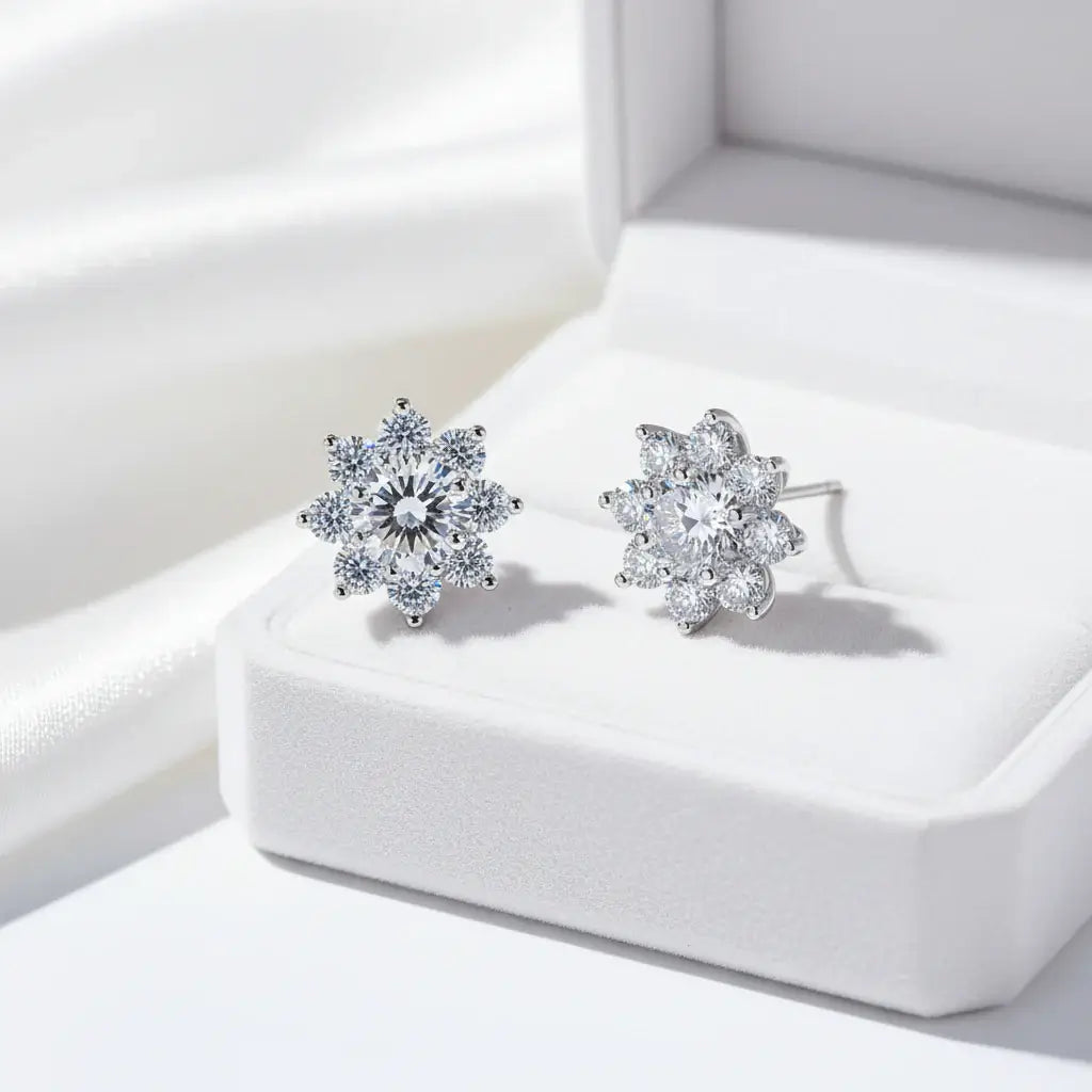 Moissanite Snowflake Sunflower Earrings 925 Silver 0.3-1CT – Cute Star Floral Studs 
