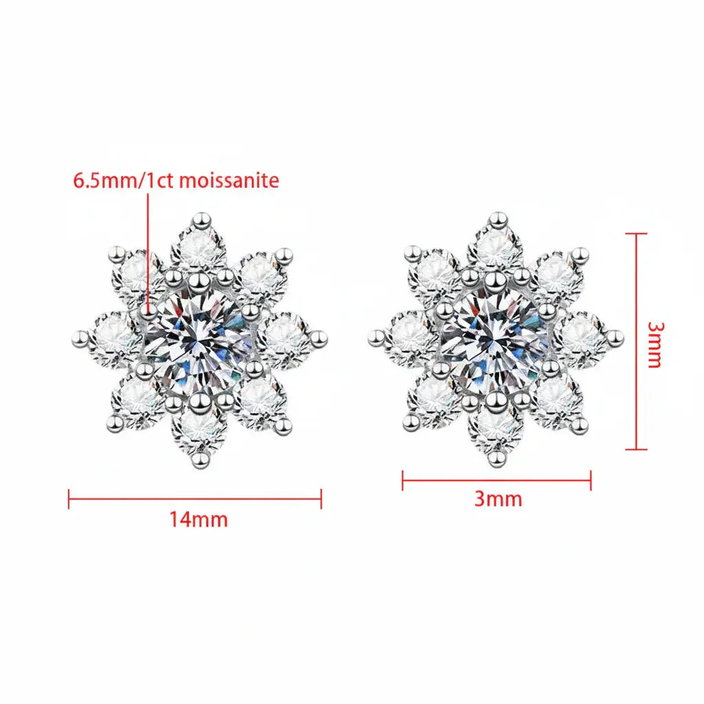 Moissanite Snowflake Sunflower Earrings 925 Silver 0.3-1CT – Cute Star Floral Studs 