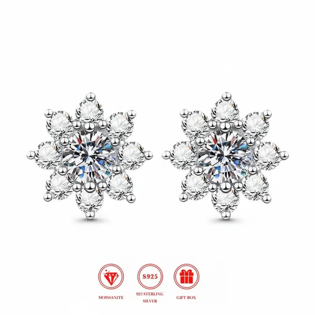 Moissanite Snowflake Sunflower Earrings 925 Silver 0.3-1CT – Cute Star Floral Studs 