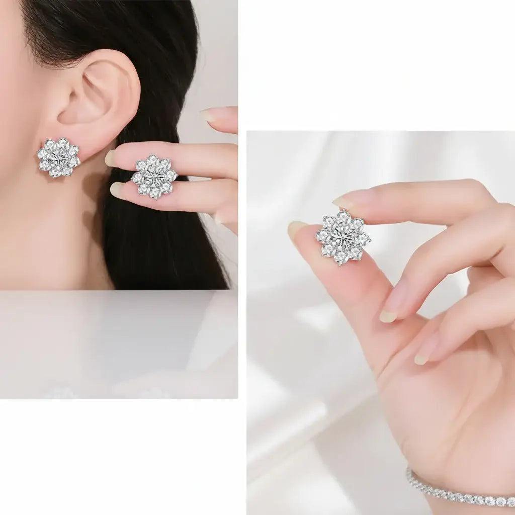 Moissanite Snowflake Sunflower Earrings 925 Silver 0.3-1CT – Cute Star Floral Studs 